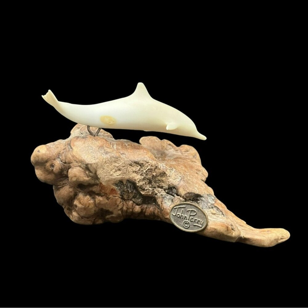 John Perry Dolphin In Burlwood Sculpture Vintage 1970s